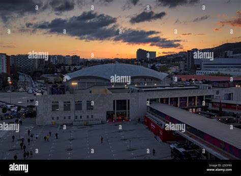 Exterior of the FC Barcelona basketball stadium at sunset (Barcelona ...