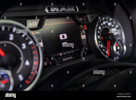 The dashboard of black 5th Generation Dodge Ram car Stock Photo - Alamy