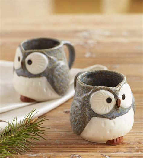 Ceramic Owl Mugs, Set of 2 - Gray | Wind and Weather