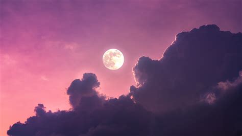 Full moon Wallpaper 4K, Aesthetic, Clouds, Pink sky