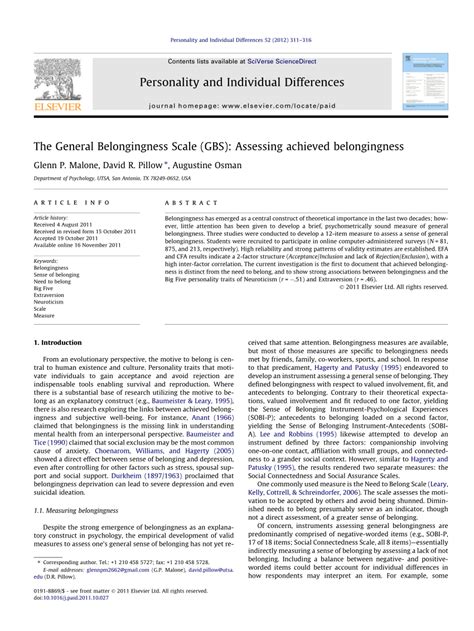 (PDF) The General Belongingness Scale (GBS): Assessing achieved belongingness