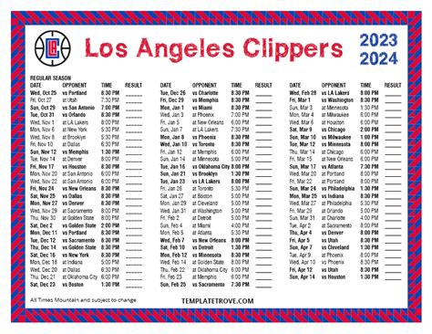 Printable 2023-2024 Los Angeles Clippers Schedule