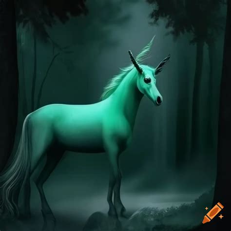 Dark green unicorn in a black forest on Craiyon