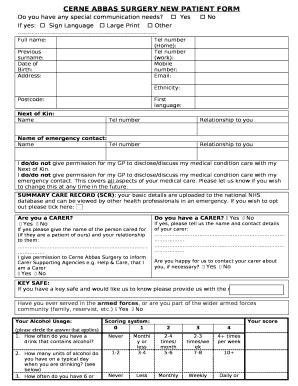 CERNE ABBAS SURGERY NEW PATIENT Doc Template | pdfFiller