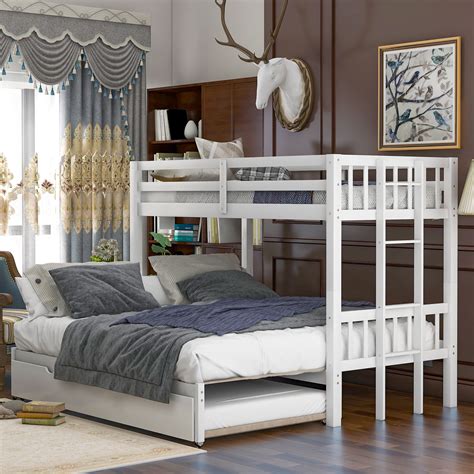 Twin Over Pull-out Bunk Bed with Trundle, Triple Bunk Bed, Kid's Convertible Twin Bed with ...