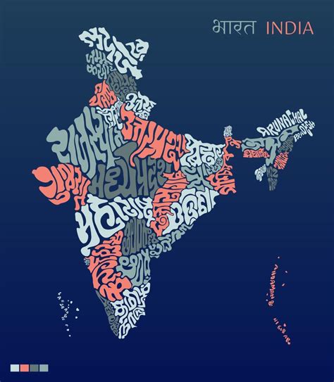 India map lettering with all indian state name in theirs state languages. India map typography ...