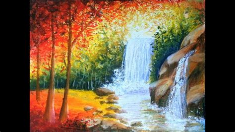 Sunset Oil Pastel Waterfall Moonlight Waterfall Scenery Drawing - Just ...