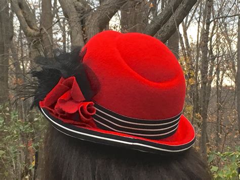 Red Wool Felt Fedora Hat With Black and White Striped Ribbon, Red ...