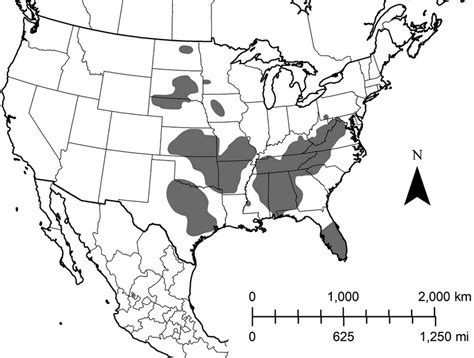 A map showing the contracted current range of eastern spotted skunks ...