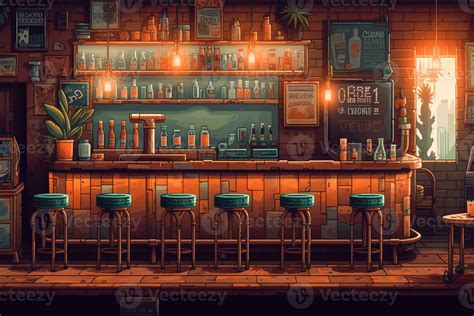 Interior of a bar with a counter drinks and stools made of wood pixel ...