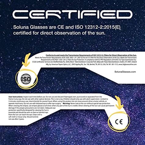 Soluna Solar Eclipse Glasses - CE and ISO Certified Safe Shades for Direct Sun Viewing - Made in ...