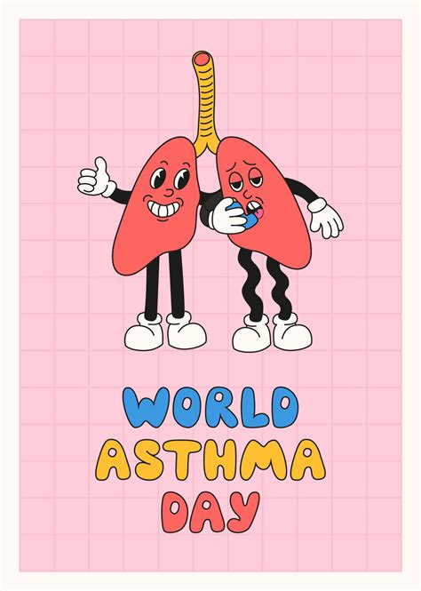 World Asthma Day banner template. Vector illustration of lungs as cute retro cartoon characters ...