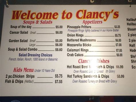 Menu at Clancy's Fish & Chips restaurant, East Gwillimbury