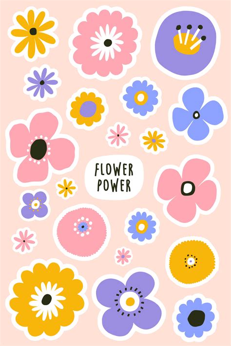 Beautiful Floral sticker set. Hand drawn Vector Flowers collection. Printable different flowers ...