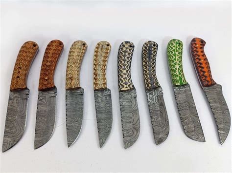 15 pieces Damascus steel fixed blade skinning knives lot with Leather ...