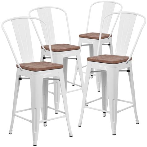 Flash Furniture 4 Pk. 24" High White Metal Counter Height Stool with Back and Wood Seat ...