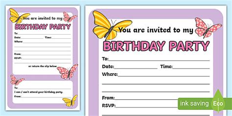 Butterfly Party Invitations Free Template (Teacher-Made)