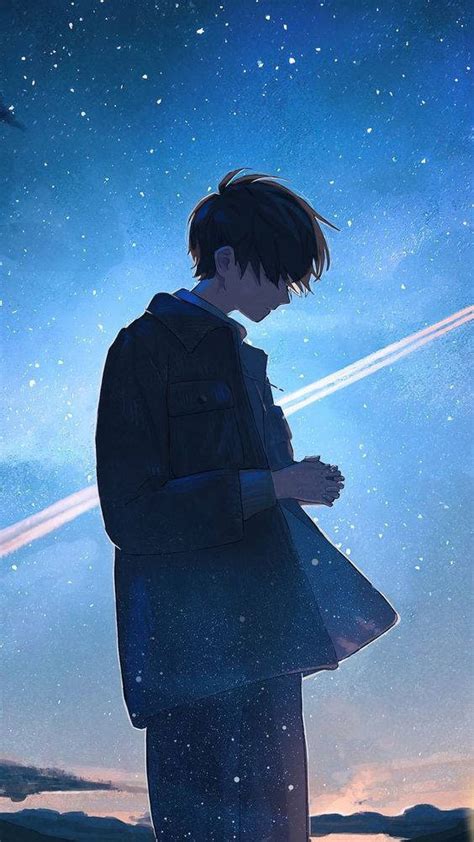 Download Under Starry Sky Alone Boy Anime Wallpaper | Wallpapers.com