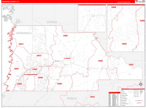 Hernando County, FL Zip Code Wall Map Red Line Style by MarketMAPS - MapSales