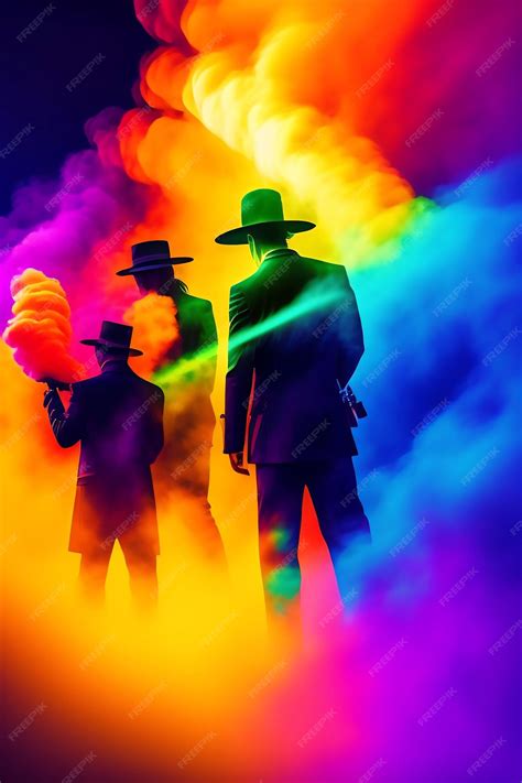 Premium AI Image | Silhouette of gang of droogs in front of colorful rainbow lights with smoke ...