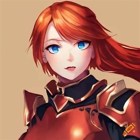 Girl with orange hair and blue eyes in red armor portrait in anime style hd on Craiyon