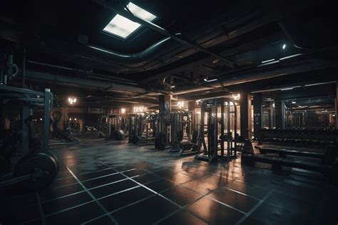 Premium Photo | A dark gym with a lot of equipment and a sign that says ...