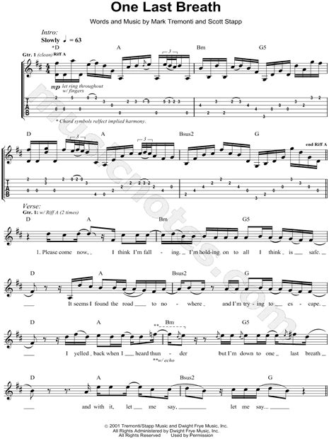 Creed "One Last Breath" Guitar Tab in D Major - Download & Print - SKU ...