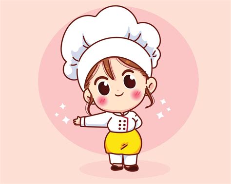 Cute chef girl smiling in uniform welcoming and inviting his guests ...