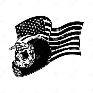 Racer Skull on Usa Flag Background. Biker Skull. Design Element for Poster, Card, Banner, Sign ...