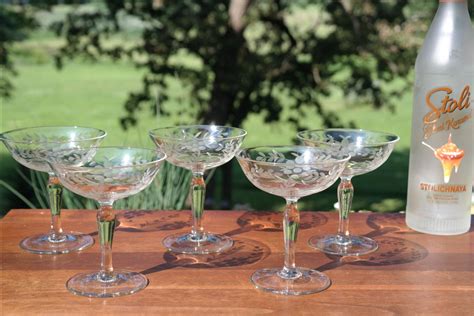 AMAZING Vintage Etched Champagne Coupe Cocktail Martini Glasses Set of 5, Wedding Glasses ...