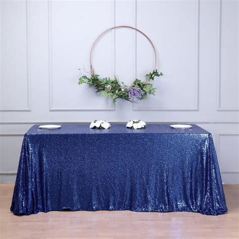 90"x132" Navy Blue Premium Sequin Rectangle Tablecloth | TableclothsFactory