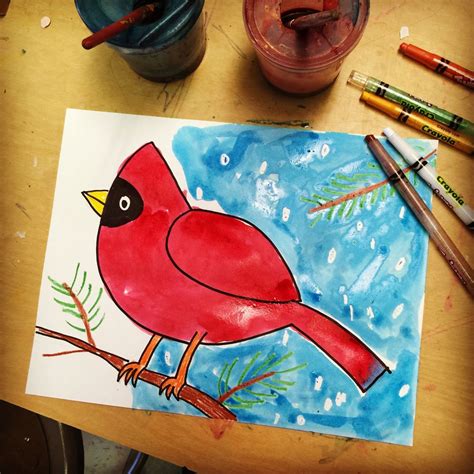 Winter Watercolor Cardinal - great project for kids Classroom Art Projects, Elementary Art ...