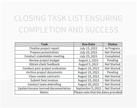Closing Task List Ensuring Completion And Success Excel Template And Google Sheets File For Free ...