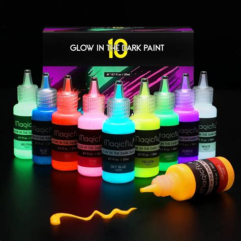 Magicfly Acrylic Glow in The Dark Paint, 10 Bright Colours Liquid ...