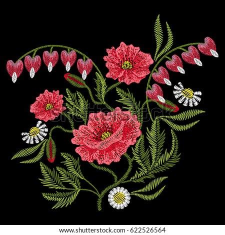 Embroidery Stitches Red Poppy Chamomile Broken Stock Vektörü 622526564 - Shutterstock
