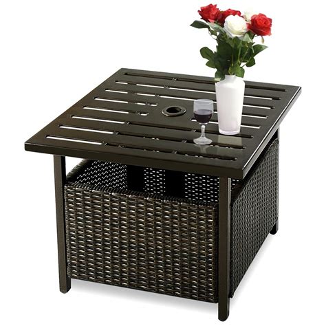 COSTWAY Rattan Patio Wicker Bistro Dining Tables Square Umbrella Table ...