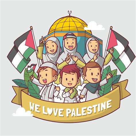 Premium Vector | A group of children who love Palestine with the background of the Mosque