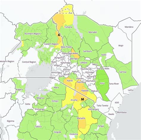 Map showing Uganda, Kenya and Tanzania TF prevalence among children 1-9 ...