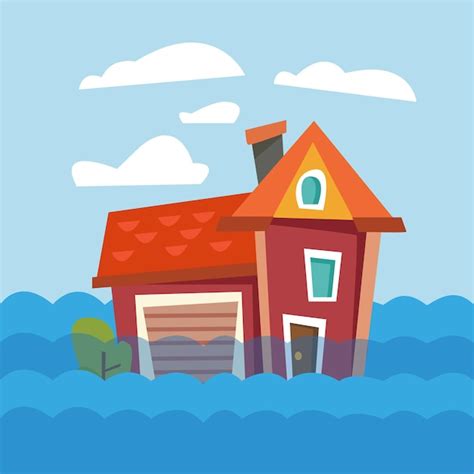 Premium Vector | Cartoon house flooded with water flood and flood building and nature vector ...