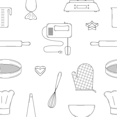 Hand drawn seamless pattern with kitchen baking tools. Doodle style ...