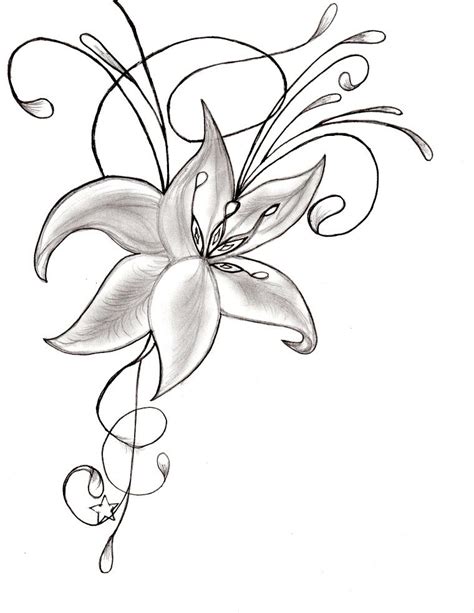 a drawing of a flower with swirls and leaves on the bottom right hand corner