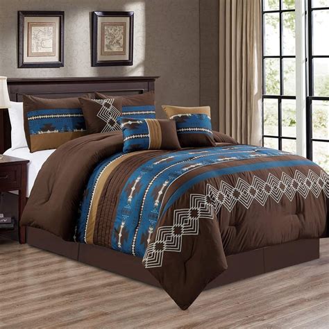 7 Piece Western Southwestern Design Comforter Set Multicolor NAVY Coffee Brown Embroidered KING ...