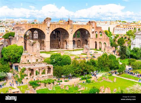 Three monumental arches of Basilica of Maxentius, Italian: Basilica di Massenzio, ruins in Roman ...