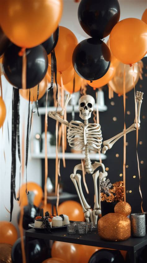 A cute skeleton cheerfully hangs ghoulish party decorations and lights, preparing for festive ...