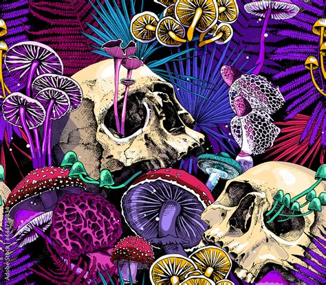 Seamless wallpaper pattern. Bright Magic Psychedelic Mushrooms and ...