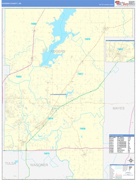 Rogers County, OK Zip Code Wall Map Basic Style by MarketMAPS