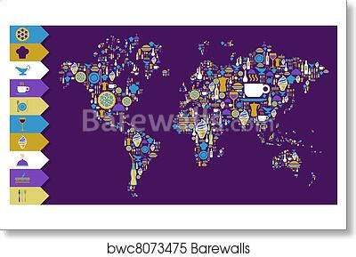 Gourmet icon set in World globe map, Art Print | Barewalls Posters & Prints | bwc8073475