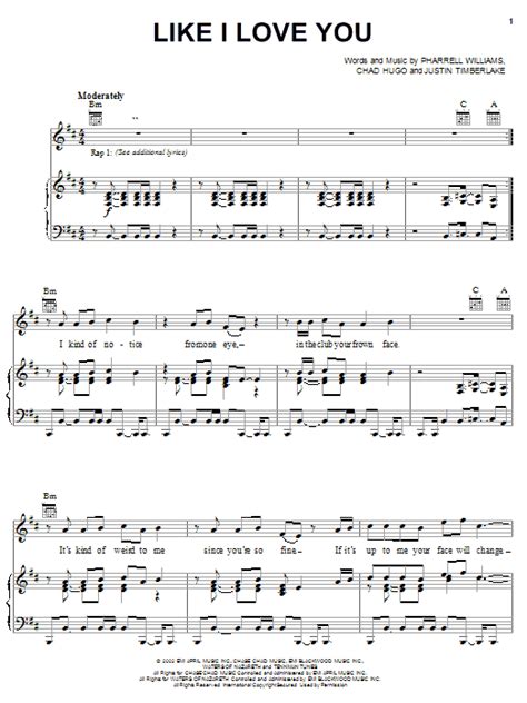 Like I Love You Sheet Music | Justin Timberlake | Piano, Vocal & Guitar Chords (Right-Hand Melody)