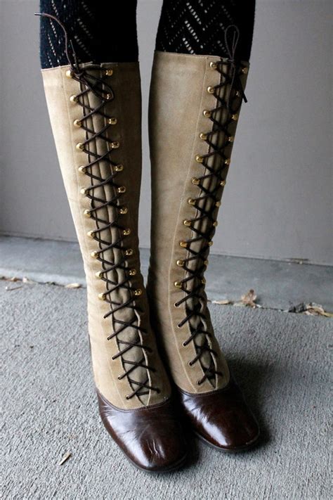 Vintage 1960's Lace Up Boots VICTORIAN Tan by moonchildvintage