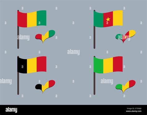 Set of flags (Belgium, Guinea, Cameroon, Mali). Heart in flag colors. Set of national symbols ...